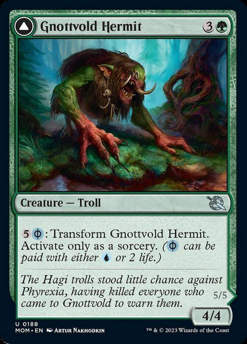 Magic: The Gathering card titled "Gnottvold Hermit // Chrome Host Hulk [March of the Machine]." It has a 4/4 power and toughness and costs 3 colorless and 1 green mana to cast. The artwork depicts a green-skinned troll with long hair and sharp teeth in a forest. The flavor text discusses the fate of Hagi trolls against Phyrexian Trolls.