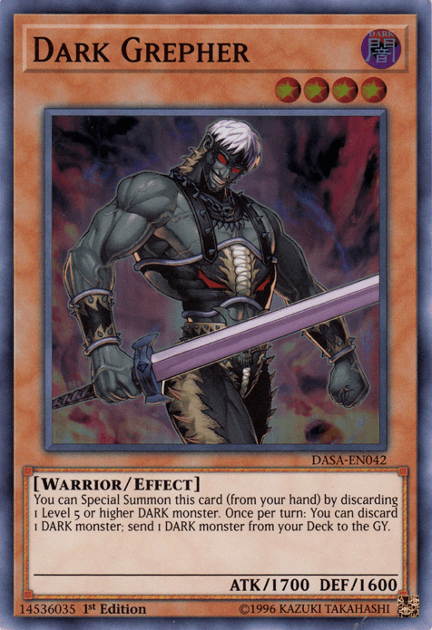 A Yu-Gi-Oh! trading card named "Dark Grepher [DASA-EN042] Super Rare." This DARK monster is a warrior/effect type with 1700 ATK and 1600 DEF. The Super Rare artwork depicts a dark, muscular warrior with pale blue skin holding a large sword, wearing black armor against a menacing background. It is a 1st edition card.