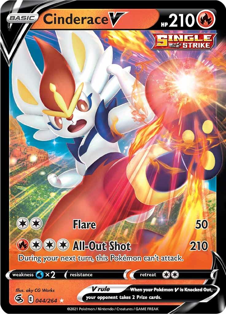 The Ultra Rare Cinderace V (044/264) card from Pokémon's Sword & Shield: Fusion Strike series features Cinderace with 210 HP, dealing 50 damage with 