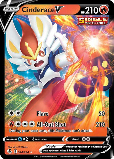 The Ultra Rare Cinderace V (044/264) card from Pokémon's Sword & Shield: Fusion Strike series features Cinderace with 210 HP, dealing 50 damage with "Flare" and 210 with "All-Out Shot." It's a Single Strike card vulnerable to Water types.