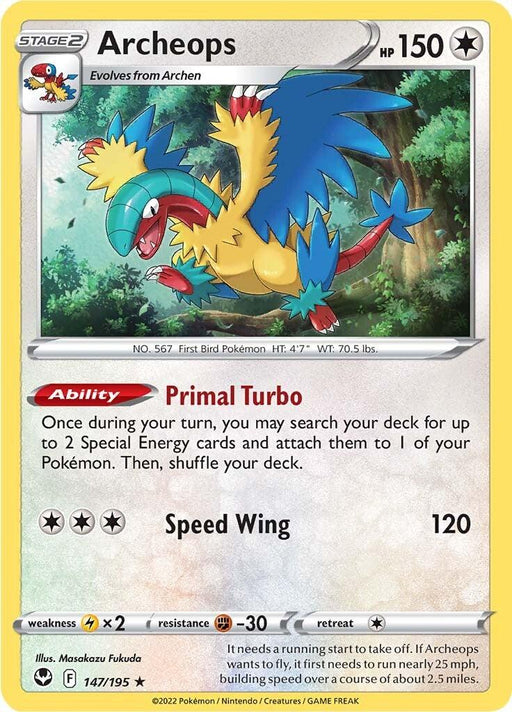 This Holo Rare Pokémon trading card of Archeops (147/195) (Theme Deck Exclusive) [Sword & Shield: Silver Tempest] from the Pokémon set features a bird-like creature with vibrant blue, yellow, red, and green plumage. With 150 HP, it showcases the ability "Primal Turbo" and the attack "Speed Wing," dealing 120 damage. It evolves from Archen, has lightning weakness (x2), fighting resistance (-30), a single