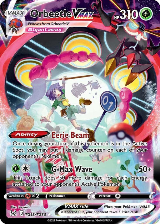 A Pokémon trading card featuring Orbeetle VMAX (TG13/TG30) [Sword & Shield: Lost Origin] from the Pokémon series. The card has vibrant artwork with Orbeetle in its Gigantamax form, emitting light beams, while a character points forward. This Secret Rare card includes details like HP (310), abilities (Eerie Beam), and attack information (G-Max Wave).