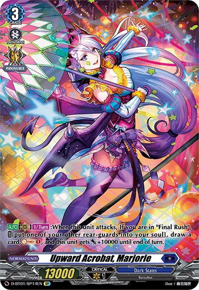 The Bushiroad trading card "Upward Acrobat, Marjorie (D-BT01/SP14EN)" from the Genesis of the Five Greats series features a character with long, multi-colored hair, dressed in a vibrant and ornate outfit, and wielding a magical staff. This Special Parallel card from the Dark States set highlights her "Final Rush" abilities and boasts a power of 13000.