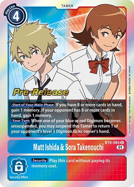 A Digimon card showcases the Tamer characters Matt Ishida and Sora Takenouchi, smiling and standing side by side. The card's text details their abilities to boost memory and unsuspend Digimon. Prominently labeled 