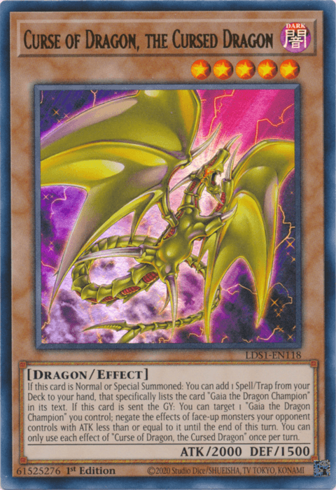 The image shows a "Yu-Gi-Oh!" trading card titled "Curse of Dragon, the Cursed Dragon [LDS1-EN118] Ultra Rare." The card features a green dragon with large wings and a menacing appearance, emitting energy bolts. It has an ATK of 2000 and DEF of 1500, and the lower half includes its Effect Monster description.