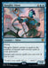 The image features a "Haughty Djinn (Promo Pack)" card from the Dominaria United Promos by Magic: The Gathering. This blue-skinned Creature Djinn, distinguished by its sash and staff, floats before a castle background. It costs one blue mana and two generic mana to summon. The creature possesses flying ability, and its power equals the total number of your instant and sorcery cards in the graveyard.