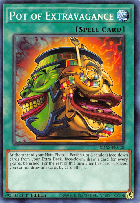 A Yu-Gi-Oh! card titled "Pot of Extravagance [SDAZ-EN028] Common" depicts two ornate, colorful jars—one happy and one angry—against a fiery backdrop. This teal Normal Spell card, featuring an elaborate spell description, is marked as 1st Edition with the code SDAZ-EN028 and fits perfectly into any Albaz Strike Extra Deck strategy.