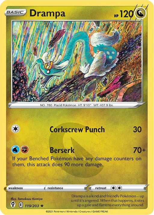 A Pokémon Drampa (119/203) [Sword & Shield: Evolving Skies] trading card from the Sword & Shield: Evolving Skies series featuring Drampa. Drampa is depicted as a large Dragon-like creature with a coiled body, white hair, and a long neck. The yellow card showcases stats like HP 120, moves "Corkscrew Punch" and "Berserk," and vibrant, abstract art in the background.