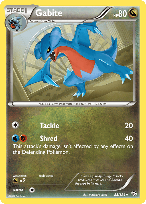 A Pokémon trading card featuring Gabite, a blue and red dragon-type creature with a fin on its back, from the Black & White: Dragons Exalted set. This uncommon card has 80 HP and evolves from Gible. It showcases Gabite's attacks: Tackle (20 damage) and Shred (40 damage). Additional details include its height, weight, weaknesses, and illustrator name. The product name is Gabite (88/124) [Black & White: Dragons Exalted], and it is by the brand Pokémon.
