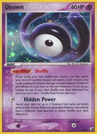 This Pokémon trading card showcases the Unown (H) (H/28) from the EX: Unseen Forces series. Featuring a distinctive purple border with 