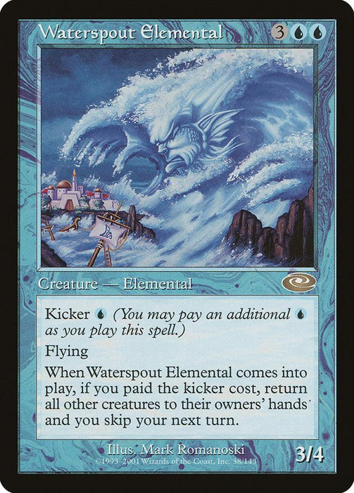 A Magic: The Gathering card titled "Waterspout Elemental [Planeshift]" features artwork of a colossal elemental water creature emerging from the ocean near a coastal town. This Planeshift elemental creature is blue-bordered, costs 3 colorless and 2 blue mana, and describes effects like flying and returning creatures to their owners' hands.
