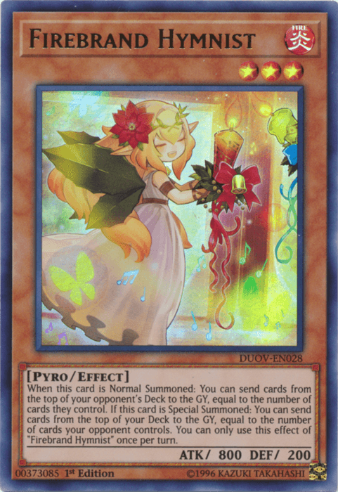 The Yu-Gi-Oh! trading card "Firebrand Hymnist [DUOV-EN028] Ultra Rare" features a fairy-like creature adorned with flowers and wielding a magical staff, set against a holographic background. As an Ultra Rare Effect Monster, it boasts an ATTACK of 800 and a DEFENSE of 200, classified under the Pyro/Effect category with unique abilities detailed in its description.