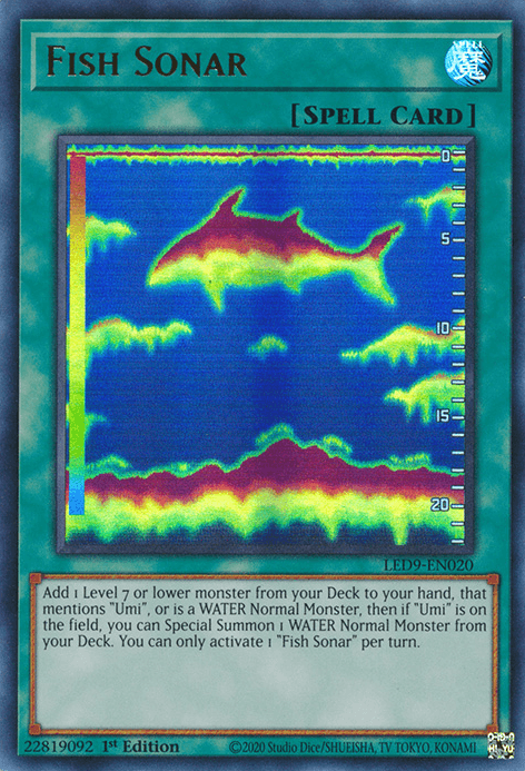 A "Yu-Gi-Oh!" product titled "Fish Sonar [LED9-EN020] Ultra Rare" depicts a colorful sonar image of a fish swimming in water. The card's borders are blue and it has a description in a white text box at the bottom, mentioning Umi and WATER Normal Monster. In the top right corner is the spell card symbol. The card's ID is LED9-EN020.