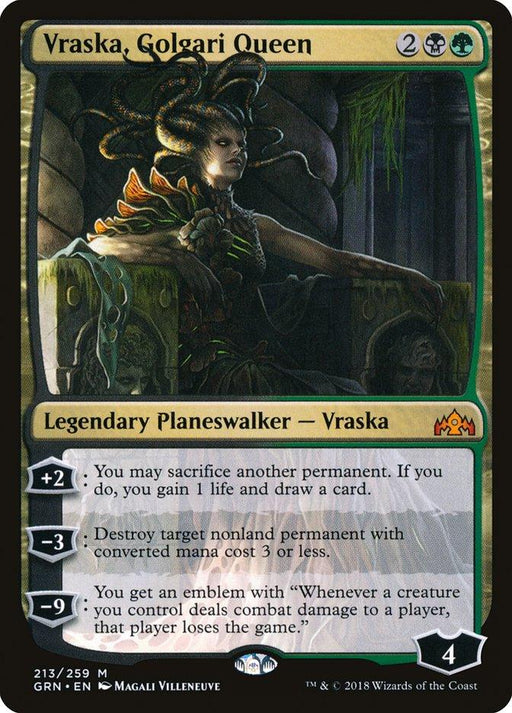 An image of the Magic: The Gathering card "Vraska, Golgari Queen [Guilds of Ravnica]" from Magic: The Gathering. Vraska, a snake-haired figure, sits on a throne. The card features black, green, and gold elements, showing her mana cost (2BG), type (Legendary Planeswalker – Vraska), and abilities with +2, -3, and -