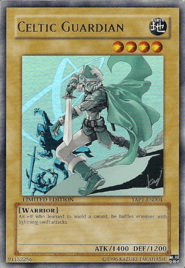 The "Celtic Guardian [YAP1-EN004] Ultra Rare" is a Yu-Gi-Oh! card featuring an elf warrior equipped with a sword and shield, draped in a green cloak and armor. The card's design includes a light cyan background with abstract patterns. This Normal Monster offers 1400 ATK and 1200 DEF, making it an ideal addition to any Anniversary Pack collection.