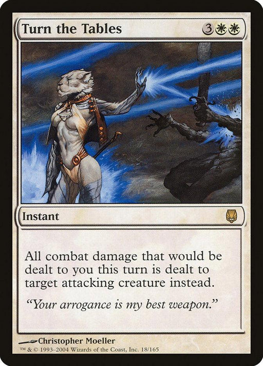 A rare Magic: The Gathering card titled "Turn the Tables" from the set 'Darksteel,' illustrated by Christopher Moeller, features an armored female figure deflecting a blue energy attack toward a shadowy assailant. This instant spell costs 3 colorless mana and 2 white mana, with text saying: “All combat damage that would be dealt to you this