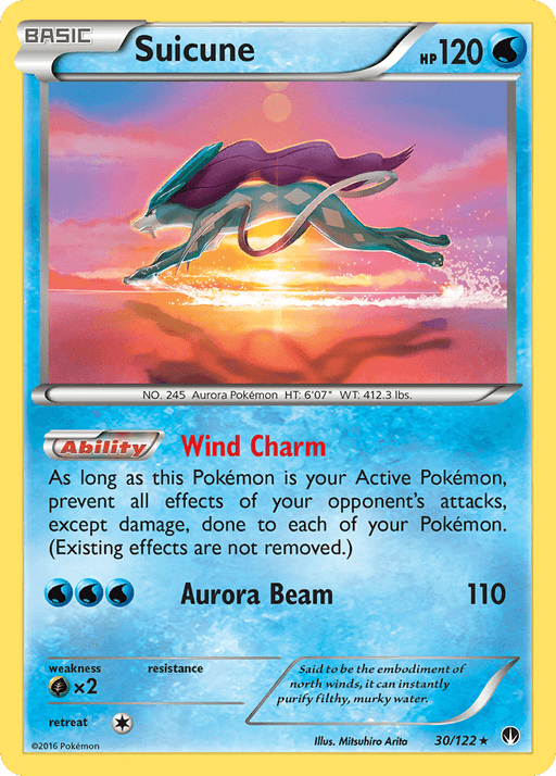 A Suicune (30/122) [XY: BREAKpoint] from the Pokémon 2016 XY: BREAKpoint release, featuring a majestic, blue, four-legged creature with a flowing purple mane. The card has 120 HP. Its ability, "Wind Charm," prevents effects of opponent's attacks while Suicune is active. The attack "Aurora Beam" deals 110 damage. The card is numbered 30/122.