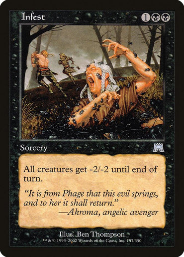 A "Magic: The Gathering" card titled "Infest [Onslaught]," an uncommon sorcery from the Onslaught set, displays a forest setting where a terrified, white-haired figure is swarmed by insects. The card text reads: "All creatures get -2/-2 until end of turn." Flavor text: "'It is from Phage that this evil springs, and to her it shall return.' —