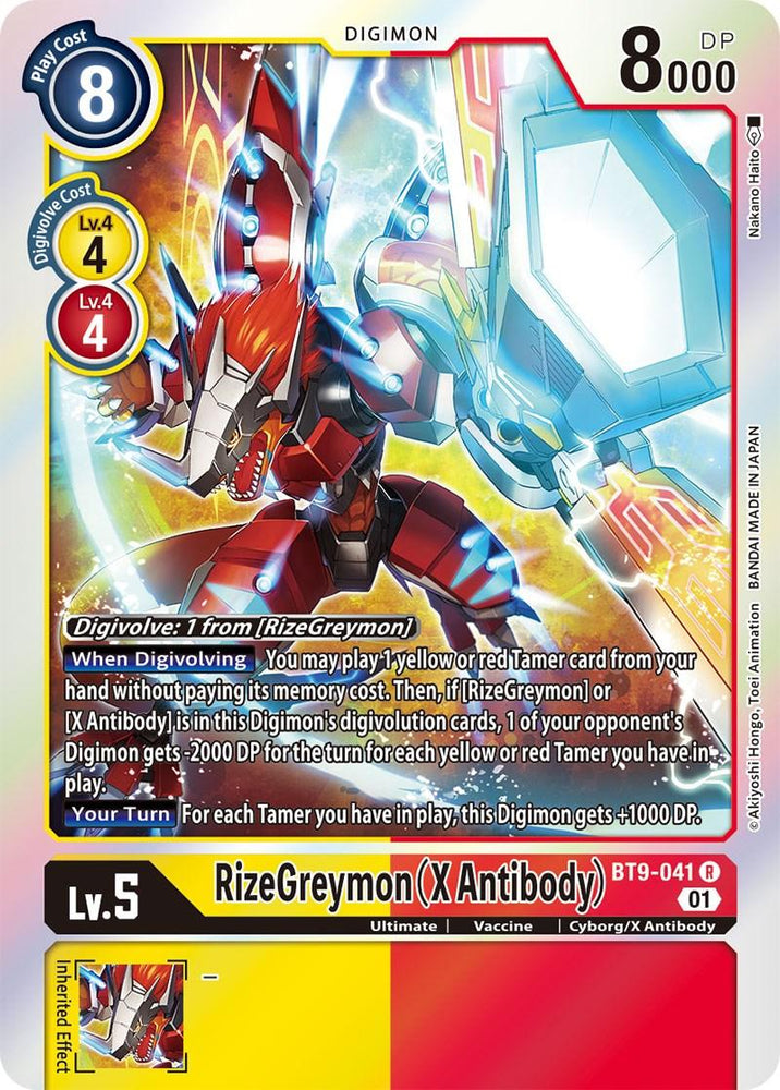 A Digimon trading card featuring RizeGreymon (X Antibody) [BT9-041] [X Record]. The card, bordered in yellow and white, showcases RizeGreymon, a robotic red and blue dragon with large wings. It details its evolution lineage, special abilities, and stats including Lv. 5, DP 8000, and Play Cost 8.