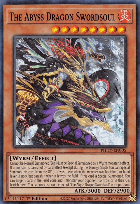 The image displays a Yu-Gi-Oh! trading card titled "The Abyss Dragon Swordsoul [PHHY-EN005] Super Rare" from the Photon Hypernova series. It features a dragon with dark armor, glowing red eyes, and a swirling fiery aura. Surrounded by intricate designs, the card text includes this Effect Monster's summoning requirements and special effects in gameplay.