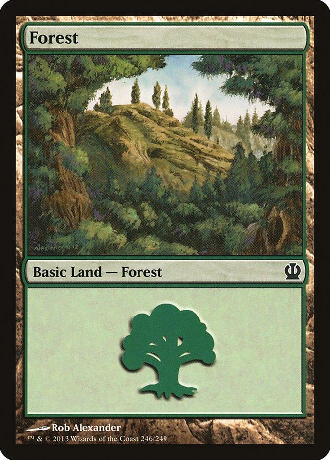 A Magic: The Gathering card titled "Forest (246) [Theros]," featuring artwork of a lush, green forest with rolling hills and tall pine trees reminiscent of landscapes from Theros. The card frame is green with the title and type “Basic Land — Forest” at the center. The bottom portion shows a tree symbol and the artist’s name, Rob Alexander.