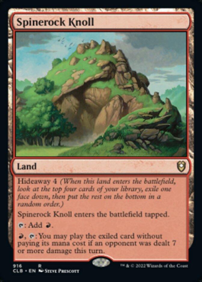 The Spinerock Knoll card from the Commander Legends: Battle for Baldur's Gate set, a rare land card for Magic: The Gathering, features an illustration of a rugged hill with grassy areas and scattered trees. With its 