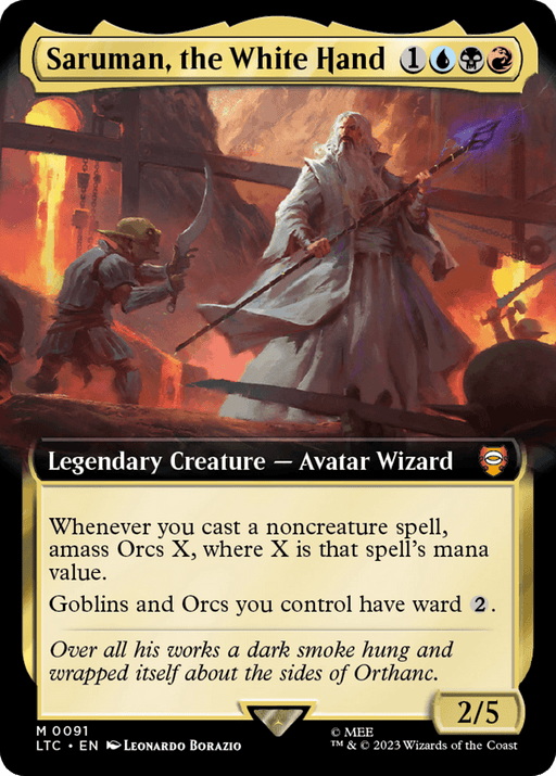 A Magic: The Gathering card titled "Saruman, the White Hand (Extended Art) [The Lord of the Rings: Tales of Middle-Earth Commander]" depicts the legendary creature Saruman commanding Orcs in a fiery background. The Lord of the Rings Commander card features a cost of 1 blue, 1 black, and 1 red mana. It has abilities related to noncreature spells and amass Orcs with ward 2. It is a 2/5