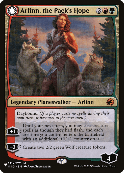 A Magic: The Gathering card titled "Arlinn, the Pack's Hope // Arlinn, the Moon's Fury [Secret Lair: From Cute to Brute]." The mythic card depicts a woman with long brown hair standing with two wolves under a moonlit sky, wearing a red outfit. This legendary planeswalker is number 211/277 and features abilities with +1, -3 values.