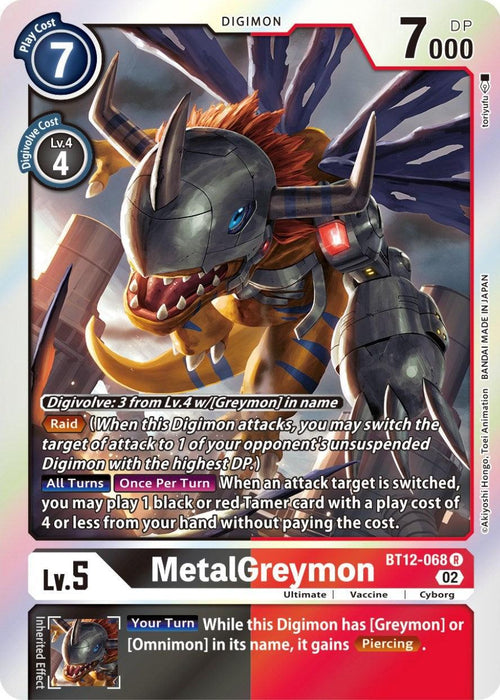 A Digimon card titled "MetalGreymon [BT12-068] [Across Time]." The card has a blue border on the top left showing a play cost of 7 and a purple border with an evolution cost of 4. The Digimon has 7000 DP. MetalGreymon, depicted as a cyborg with a mechanical arm and grimacing face, features various abilities and game text.