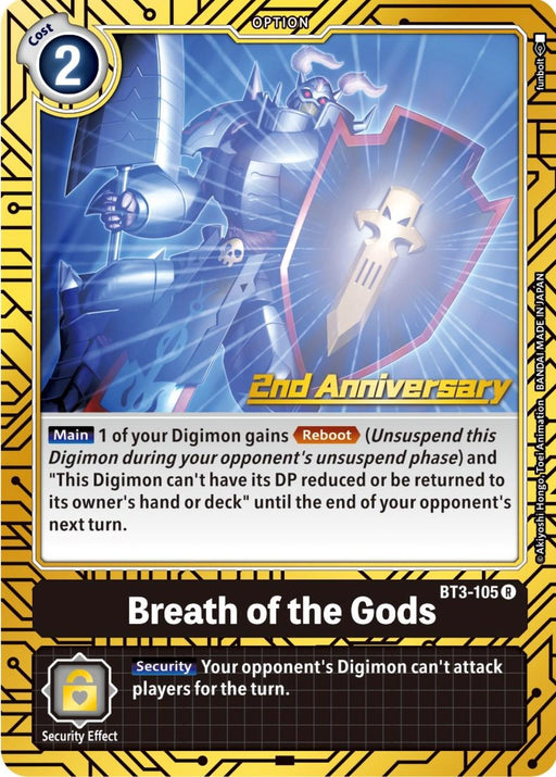 A Digimon card titled "Breath of the Gods [BT3-105]" from the 2nd Anniversary Card Set of the Release Special Booster Promos series features an image of a golden armored Digimon wielding a sword, with glowing eyes and a halo in the background. The card has a "Cost" of 2 and its text details its effects, including a "Security Effect.