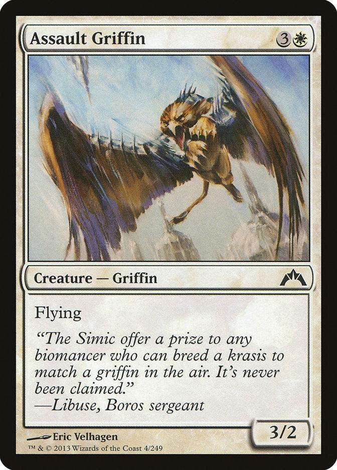 A Magic: The Gathering product named 'Assault Griffin [Gatecrash]' from the Gatecrash set. It costs four mana (3 and a white) and is a Creature — Griffin with 3 power and 2 toughness. It features Flying. The flavor text reads, 