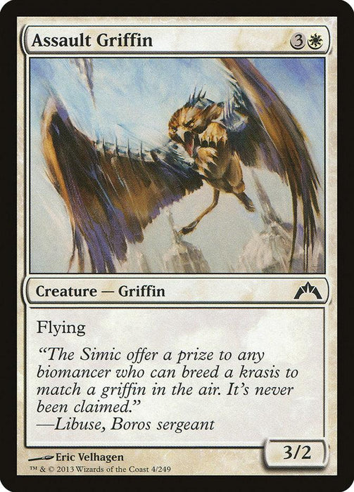 A Magic: The Gathering product named 'Assault Griffin [Gatecrash]' from the Gatecrash set. It costs four mana (3 and a white) and is a Creature — Griffin with 3 power and 2 toughness. It features Flying. The flavor text reads, "The Simic offer a prize to any biomancer who can breed a krasis to match a griffin in the air.