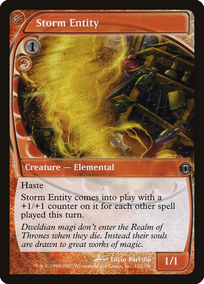 The Magic: The Gathering card Storm Entity [Future Sight] features vibrant red and orange swirling energy. As an Elemental Creature with 1/1 power and toughness, it has Haste and receives +1/+1 counters for each spell cast this turn. Its flavor text speaks of the Dwelidan magi.