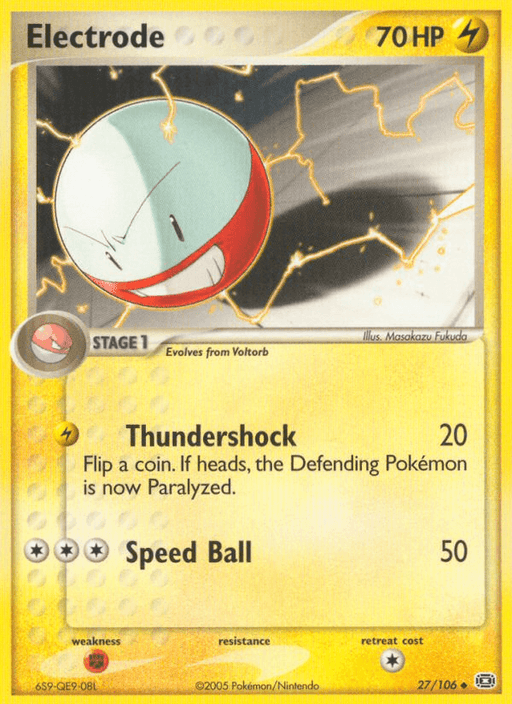 A Pokémon trading card from EX: Emerald featuring the uncommon Electrode. The card, Electrode (27/106) [EX: Emerald], by Pokémon, has 70 HP and is of electric type. The image shows Electrode, a spherical Pokémon with a red bottom and white top, against a lightning background. It evolves from Voltorb and has two attacks: Thundershock and Speed Ball. Weakness to Fighting.
