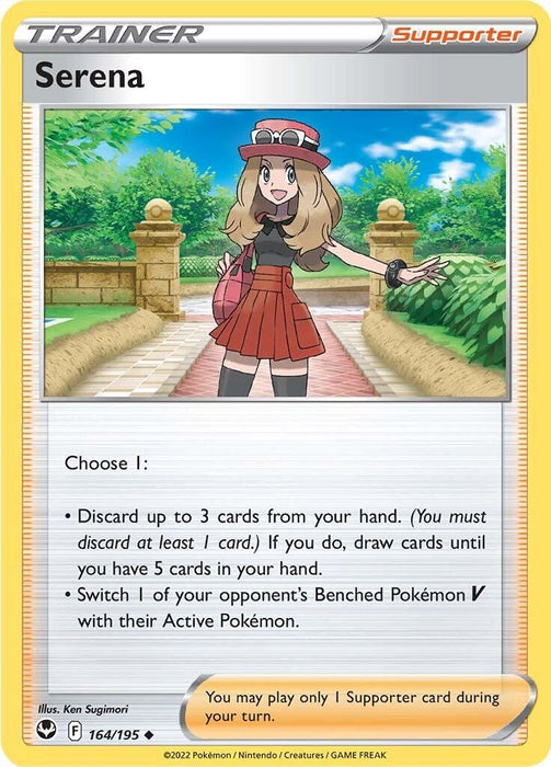 A Pokémon product named "Serena (164/195) [Sword & Shield: Silver Tempest]" from the Trainer Supporter series within the Sword & Shield: Silver Tempest set. Serena, wearing a red hat, black top, and red skirt, stands on a cobblestone path with greenery in the background. The card allows players to discard or draw cards or switch Benched Pokémon V with Active Pokémon.