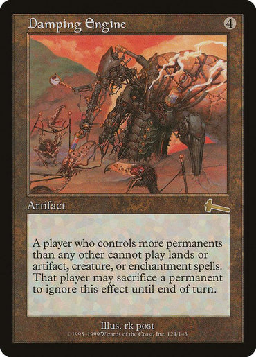 The image depicts a "Damping Engine" card from Magic: The Gathering's Urza's Legacy set. This rare artifact showcases an illustration of a large, mechanical creature with long, spindly arms and spikes, standing in a mountainous landscape. The card requires 4 mana and includes a text box detailing its gameplay effect.