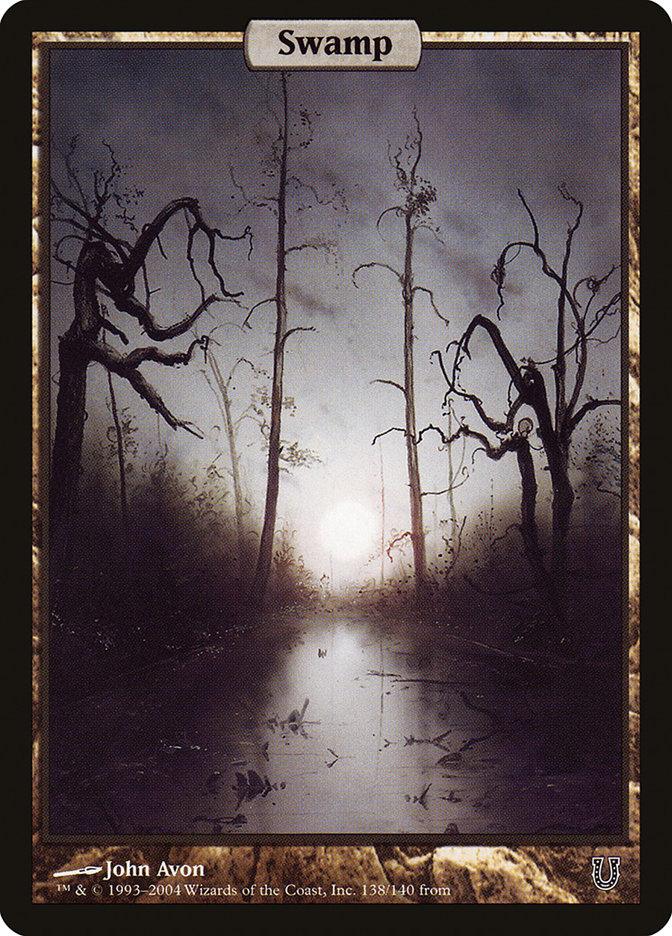 A Magic: The Gathering card titled "Swamp (138) [Unhinged]," illustrated by John Avon. The artwork, part of the Unhinged series, depicts a misty swamp at twilight with dead, leafless trees. A narrow waterway reflects the dim, foggy light. The card borders are black with text and symbols along the bottom indicating its type and details as a Basic Land.