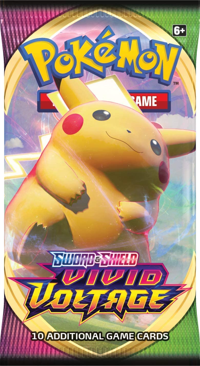 The Pokémon Sword & Shield: Vivid Voltage - Booster Pack displays a vibrant design featuring a large, animated Gigantamax Pikachu. The packaging prominently shows the Pokémon logo and 