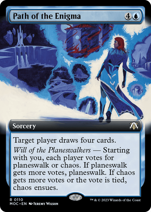 A rare blue and white Magic: The Gathering card titled "Path of the Enigma (Extended Art) [March of the Machine Commander]" from the March of the Machine Commander set. It shows an illustration of a robed figure standing in a mystical landscape with swirling energies and floating structures. The sorcery effects involve drawing cards and planeswalkers voting for chaos or planeswalk.
