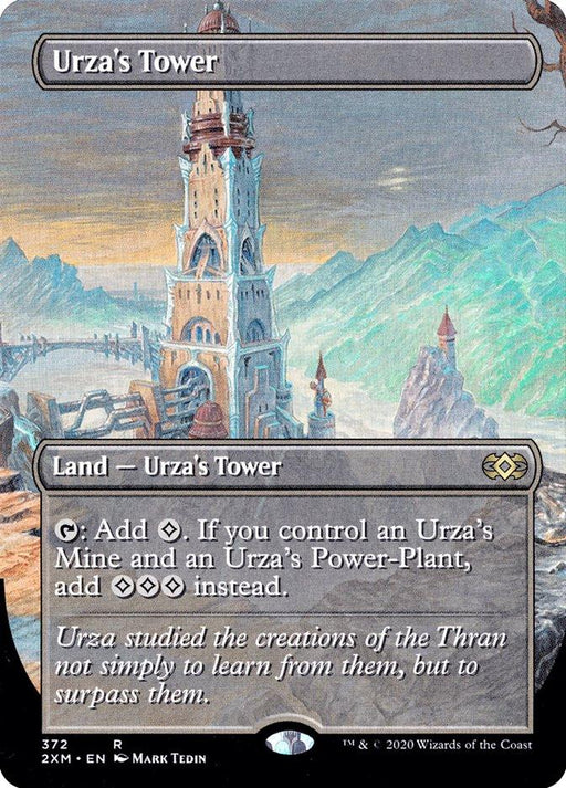 A fantasy trading card titled "Urza's Tower (Toppers) [Double Masters]" from Magic: The Gathering. It features a tall, intricately designed stone tower set against a cloudy sky and mountainous background. The card text reads: "If you control an Urza's Mine and an Urza's Power-Plant, add [three colorless mana] instead.