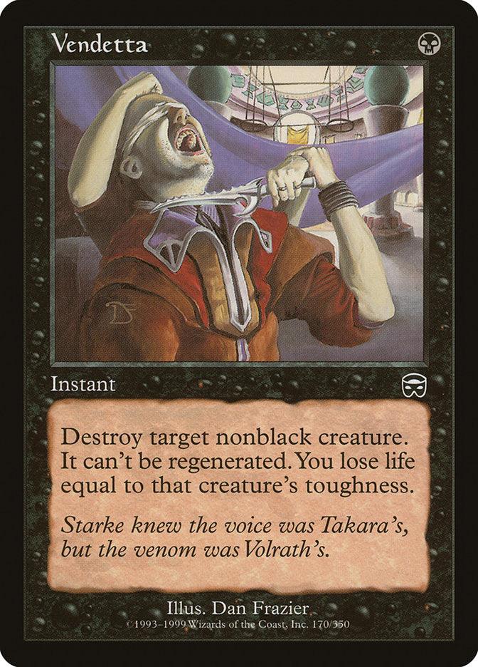 A Magic: The Gathering product named Vendetta [Mercadian Masques] from the brand Magic: The Gathering. It features an illustration of a man in agony, mouth open wide, with his hand clutching his neck where a snake bites. This Instant's text reads, 