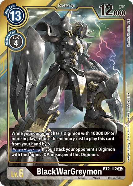 A Secret Rare trading card of BlackWarGreymon [BT2-112] (Alternate Art) [Release Special Booster Ver.1.5], a Digimon. The card details the play cost (13), Digivolve cost (level 5, 4 cost), and DP (12,000). Below, abilities and effects are explained, and the Digimon type is labeled as "Mega, Virus, Dragonkin." The artwork shows a metallic dragon-like creature.
