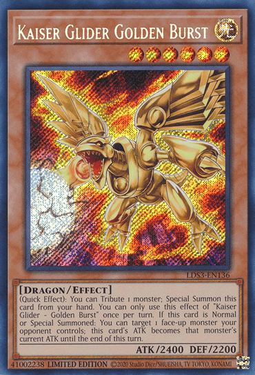 A Yu-Gi-Oh! trading card displaying "Kaiser Glider Golden Burst [LDS3-EN136] Secret Rare," featured in Legendary Duelists: Season 3. The Secret Rare card depicts a golden, dragon-like creature with large wings and a metallic sheen, set against a fiery, bursting background. It is labeled "Dragon/Effect" with ATK 2400 and DEF 2200.