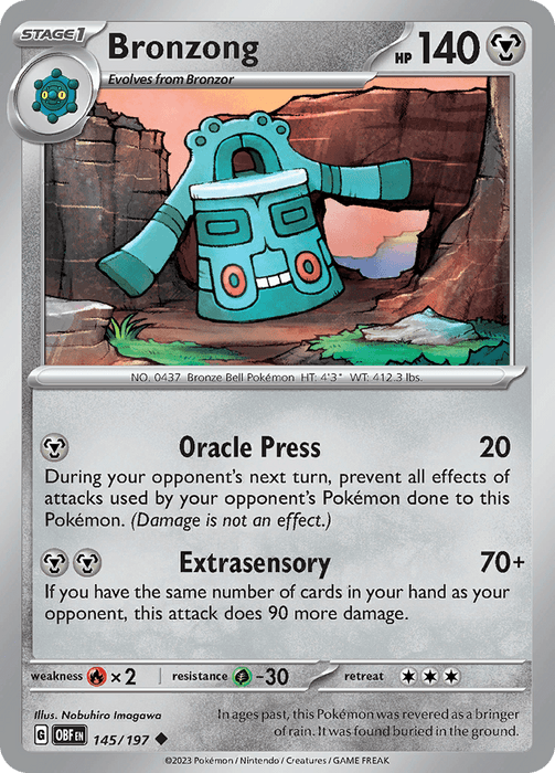 A Pokémon Bronzong (145/197) [Scarlet & Violet: Obsidian Flames] card, a Metal type with 140 HP. Bronzong is illustrated as a teal, bell-shaped creature with arms. It has two moves: Oracle Press (20 damage) and Extrasensory (70+ damage). The card is numbered 145/197 in the Scarlet & Violet series. It is weak to Fire, resistant to Grass, and requires 3.