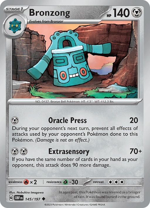 A Pokémon Bronzong (145/197) [Scarlet & Violet: Obsidian Flames] card, a Metal type with 140 HP. Bronzong is illustrated as a teal, bell-shaped creature with arms. It has two moves: Oracle Press (20 damage) and Extrasensory (70+ damage). The card is numbered 145/197 in the Scarlet & Violet series. It is weak to Fire, resistant to Grass, and requires 3.