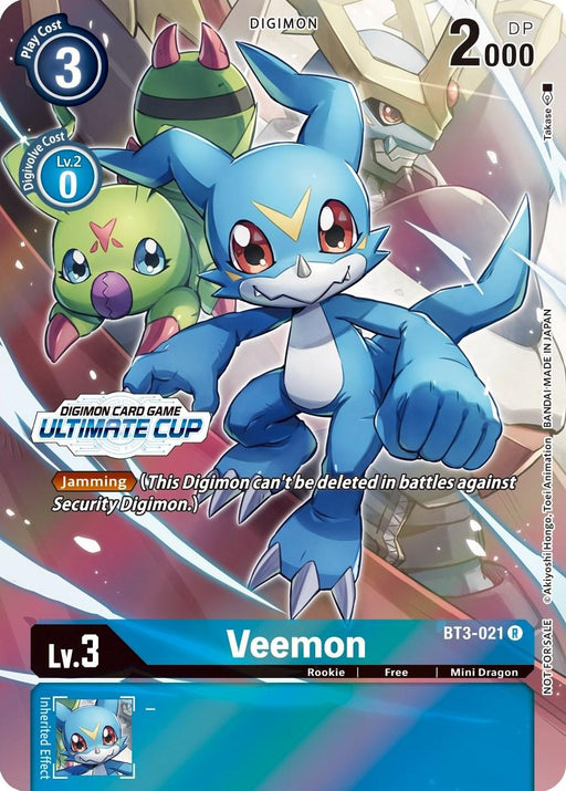 A rare Digimon card, Veemon [BT3-021] (April Ultimate Cup 2022) [Release Special Booster Promos], displays "Veemon," a blue creature with red eyes, a yellow V on its forehead, and sharp teeth. The card's text mentions "Jamming" and attributes like 2000 DP, level 3, and Rookie status. The card number is BT3-021. A green, bug-like Digimon appears in the background.