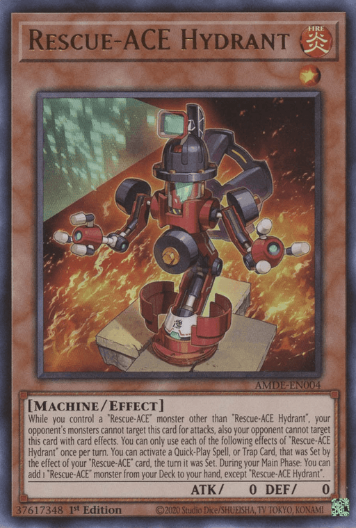 Image of a Yu-Gi-Oh! Ultra Rare trading card titled "Rescue-ACE Hydrant [AMDE-EN004]." The card depicts a mechanical, fire hydrant-shaped robot with arms and a digital display on its chest. It has text that describes its effect and statistics, including being a FIRE attribute Machine/Effect Monster with 0 ATK and 0 DEF.