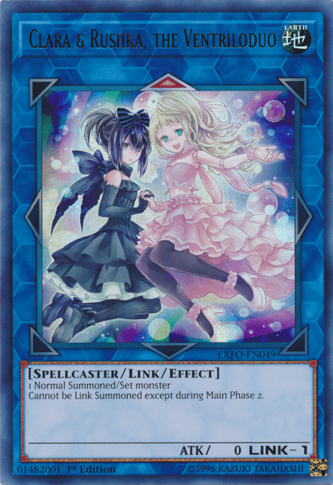 A Yu-Gi-Oh! trading card featuring "Clara & Rushka, the Ventriloduo [EXFO-EN049] Ultra Rare." This Ultra Rare card displays two female characters, one in dark gothic attire and the other in angelic clothing. It details their Spellcaster/Link/Effect Monster stats and summoning conditions from the Extreme Force set.