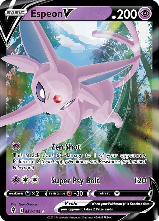 A Pokémon Espeon V (064/203) [Sword & Shield: Evolving Skies] card. Espeon, a purple, cat-like Pokémon with large ears and a red gem on its forehead, is shown mid-leap. This Ultra Rare card has 200 HP and features two attacks: Zen Shot and Super Psy Bolt. It is card number 064 out of 203 from the Sword & Shield series by Pokémon.