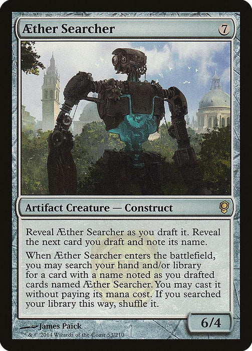 A Magic: The Gathering card titled "Aether Searcher [Conspiracy]." This rare artifact creature depicts a large, futuristic robot standing in a green park. The construct features abilities to reveal drafted cards and summon cards without paying mana cost. Power/toughness is 6/4.